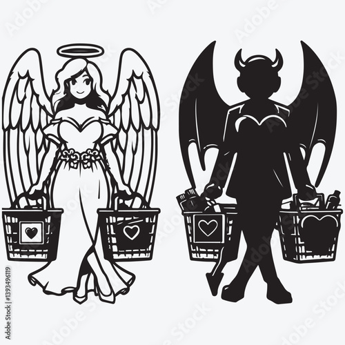 Set of Angel versus evil heart costume in online store or Halloween costume concept isolated. Eps stock illustration