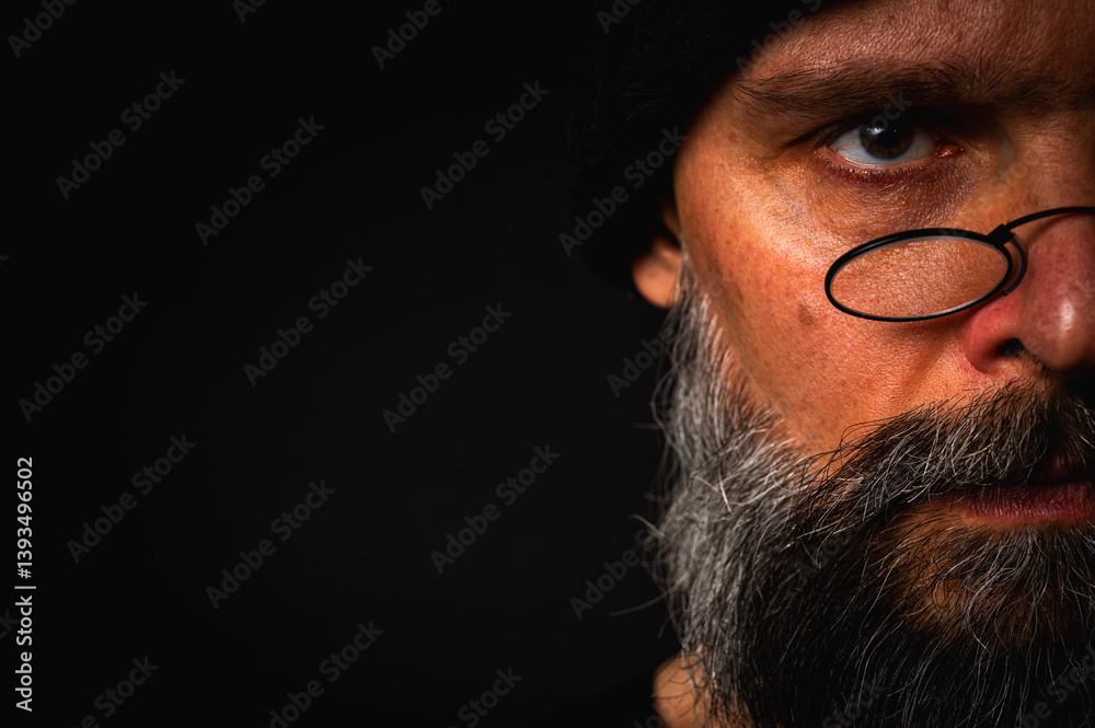 Portrait of angry bearded man in black hat and glasses growling at camera. Dramatic portrait in subdued lighting, expressive face, emotional tension, dark background