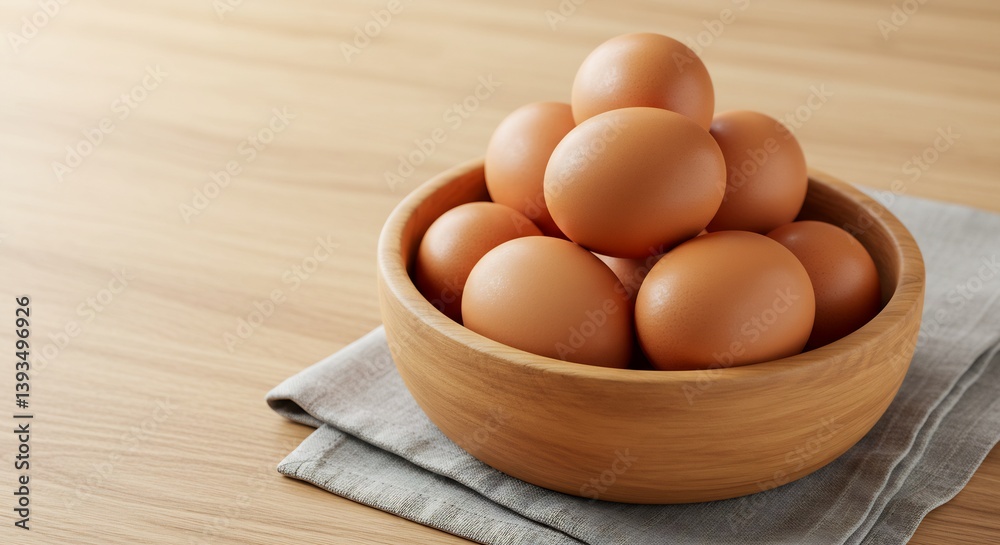 Fresh Brown Eggs in Rustic Wooden Bowl on Linen Cloth, Kitchen Still Life Photography Fresh Brown Eggs in Rustic Wooden Bowl on Linen Cloth, Kitchen Still Life Photography