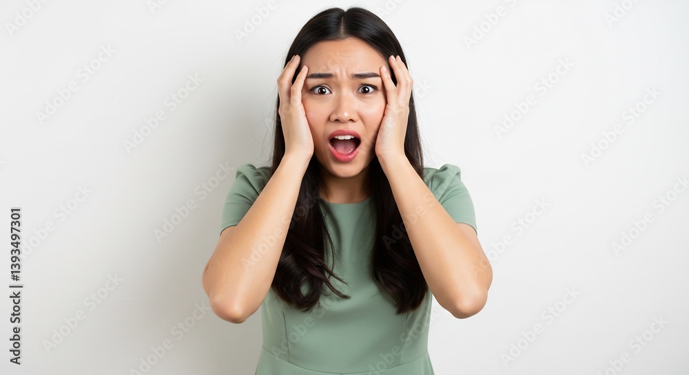 Shocked and Surprised Young Asian Woman Holding her Head in Disbelief, Emotional Reaction, Stress, Worry, Fear, Anxiety Shocked and Surprised Young Asian Woman Holding her Head in Disbelief, Emotional Reaction, Stress, Worry, Fear, Anxiety