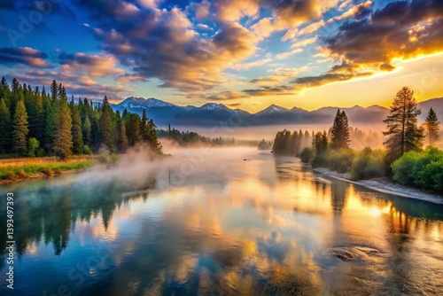 Misty Montana Sunrise over the Flathead River A Scenic Early Morning Landscape Painting