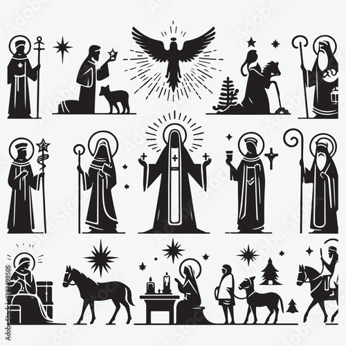 Set of four silhouetted nativity scenes for Christmas stock illustration