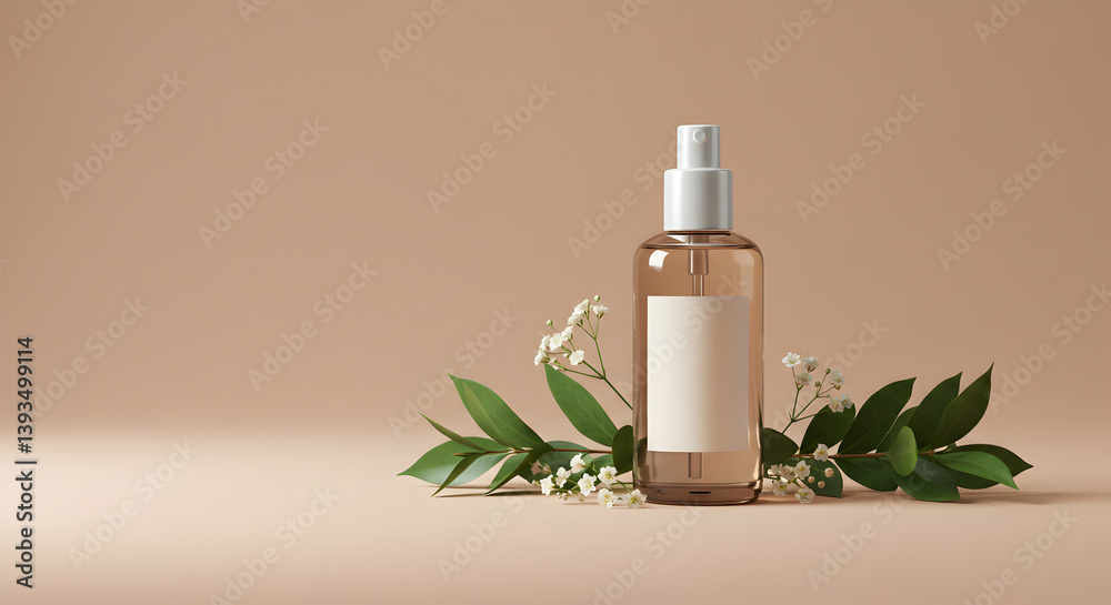 A bottle of perfume is placed on a table with some flowers A bottle of perfume is placed on a table with some flowers