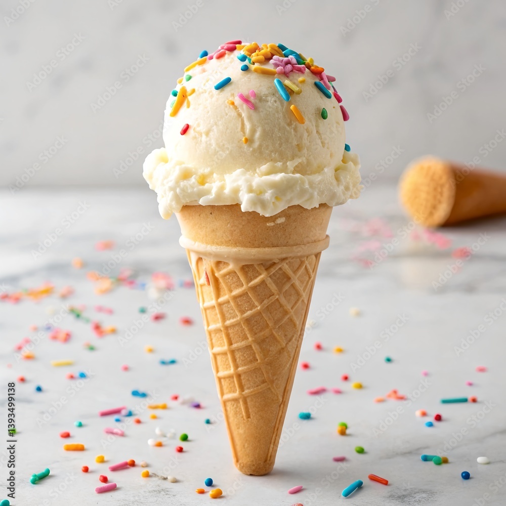 Delicious Ice Cream Cone Topped Colorful Sprinkles Creamy Sweet Dessert Delicious Ice Cream Cone Topped Colorful Sprinkles Creamy Sweet Dessert