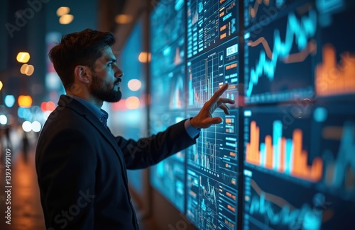 Businessman interacts with large interactive display, examines financial data graphs charts. Digital transformation, innovation tech in data analysis, strategy, futuristic computing, business