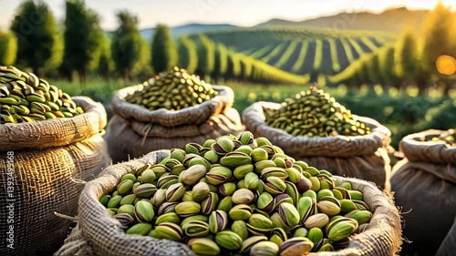 Pistachio harvest at sunset in picturesque orchards with bountiful crops