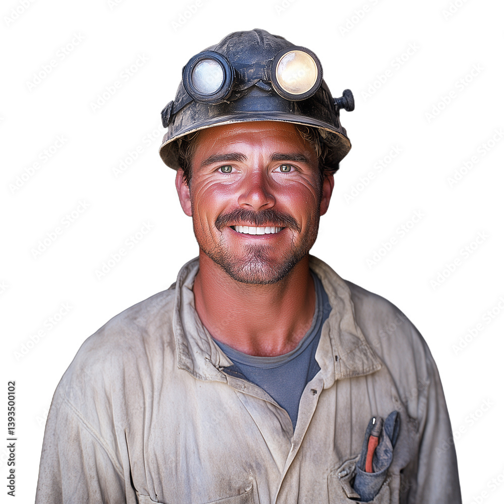 Smiling miner with a headlamp and dusty clothes, looking directly at the camera on a transparent background