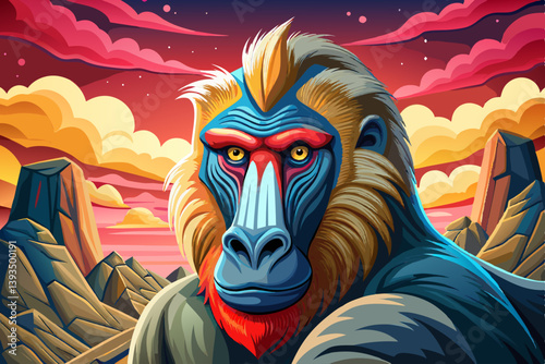 Mandrills face portrait on mysterious land of the galaxy under a strange colored sky, animal game banner