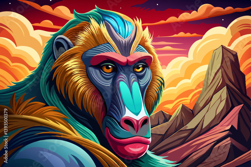 Mandrills face portrait on mysterious land of the galaxy under a strange colored sky, animal game banner