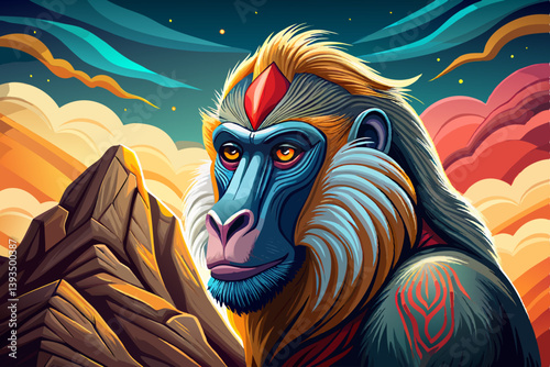 Mandrills face portrait on mysterious land of the galaxy under a strange colored sky, animal game banner