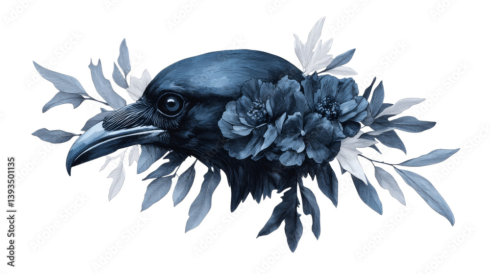 Obraz premium Raven with flowers, side view, detailed, mysterious, cut out transparent