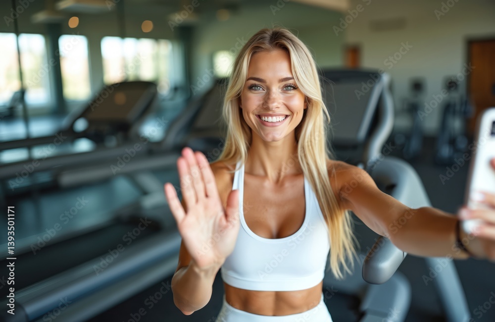 Fototapeta premium Young athletic woman in white sportswear takes selfie in gym near treadmill. Sportswoman waves hand at camera. Workout, fitness, active lifestyle, sporty female, wellness, body goals.