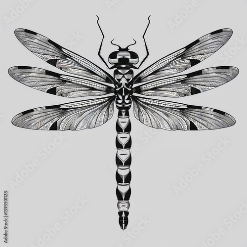Detailed Black and White Dragonfly Illustration with Intricate Wings