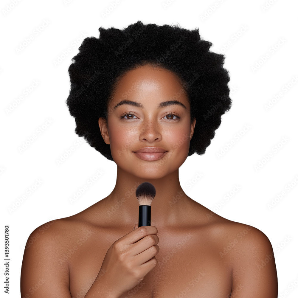 Beautiful woman with natural afro hairstyle applying makeup with a brush, smiling on a transparent background