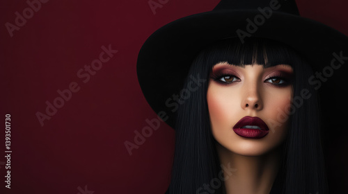 Mysterious Woman in Black Hat: A captivating portrait of a woman with dark hair, smoky eye makeup, and bold lip color, wearing a black top hat, set against a deep burgundy backdrop.