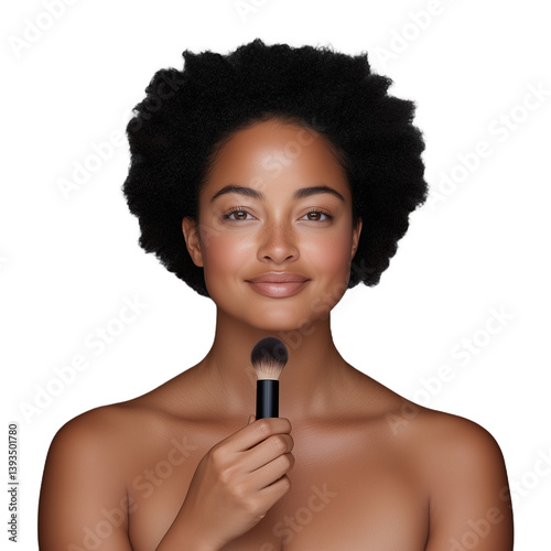 Obraz na płótnie Beautiful woman with natural afro hairstyle applying makeup with a brush, smiling on a transparent background w salonie