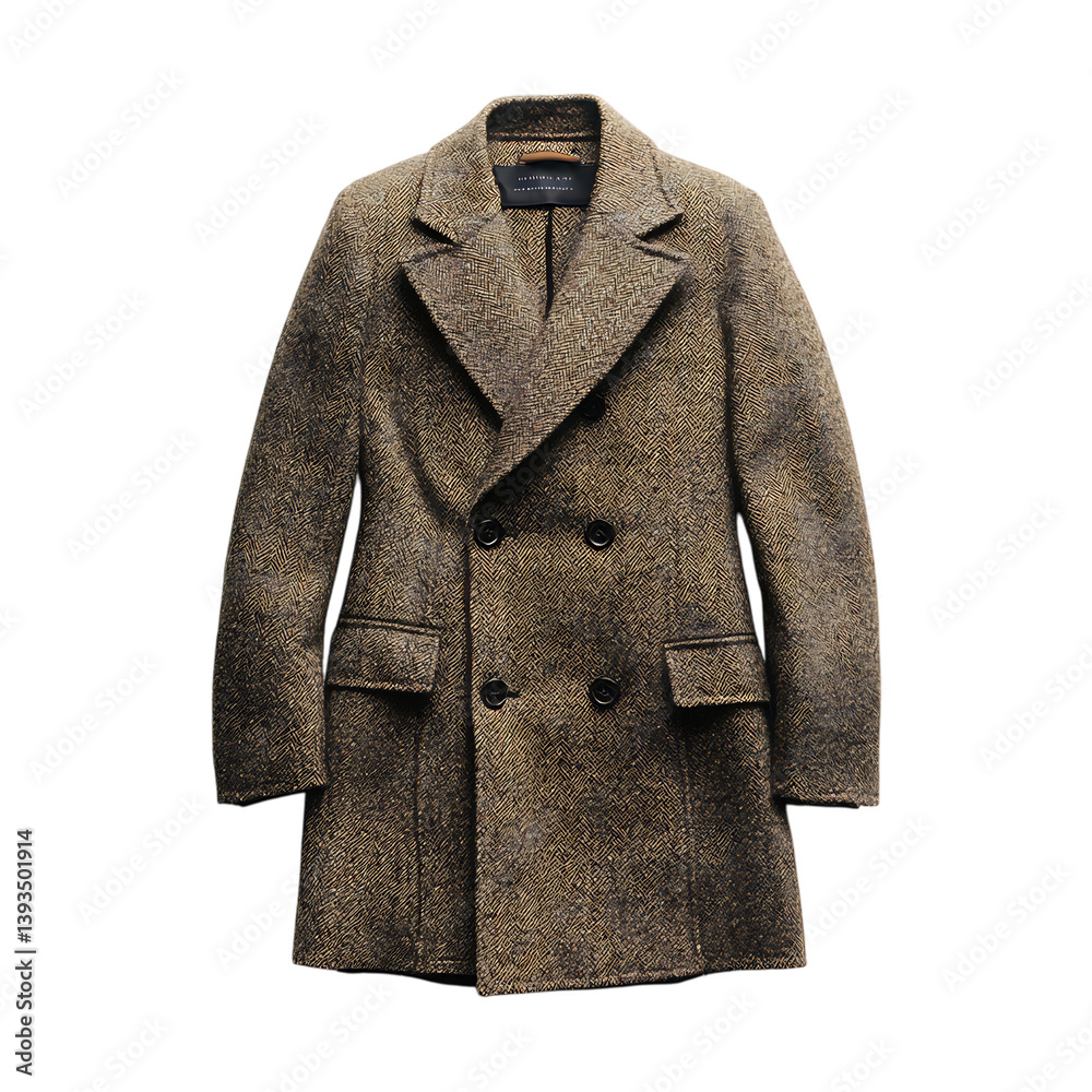 A Long Wool Coat with Oversized Buttons Isolated on Transparent Background