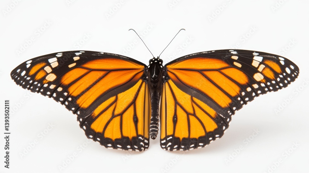 Close-up of a monarch butterfly with wings spread wide, isolated on white background. Close-up of a monarch butterfly with wings spread wide, isolated on white background.