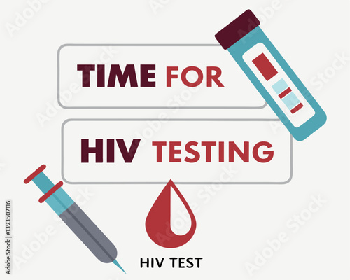 Time for HIV Testing: Blood Drop, Syringe, and Vial Illustration.