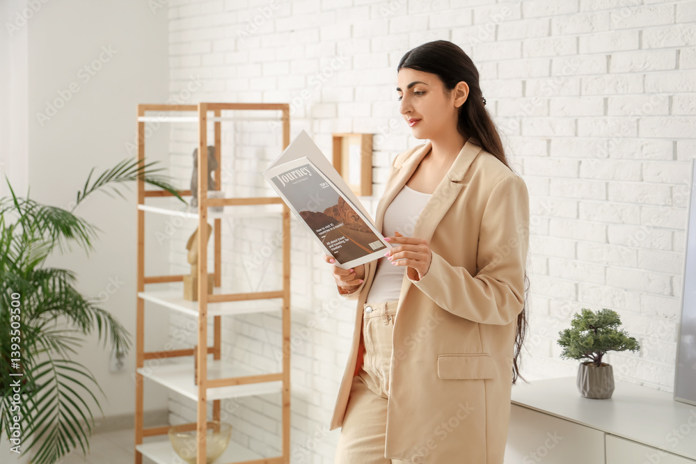 Beautiful young happy woman reading magazine at home