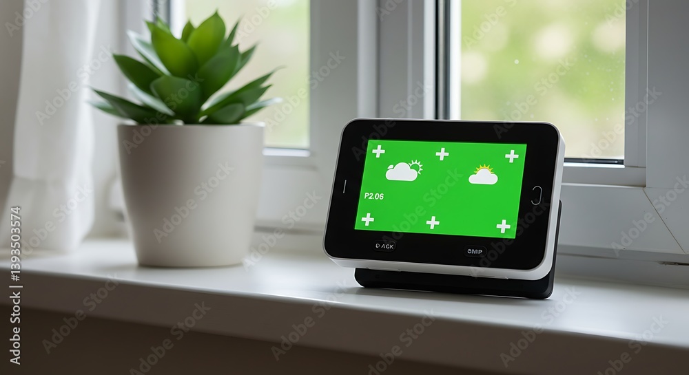Weather forecasting on modern digital device by windowsill, indoor plant Weather forecasting on modern digital device by windowsill, indoor plant
