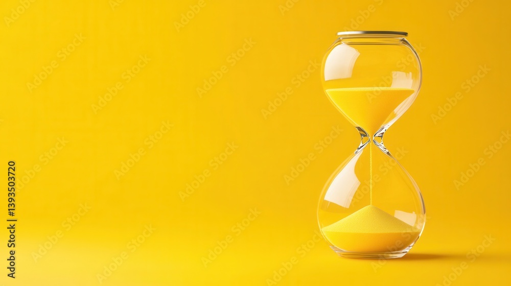 A classic hourglass against a vibrant yellow backdrop, capturing the flow of time with golden sand