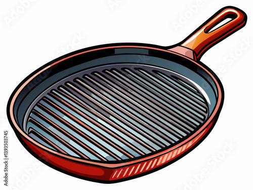 A vector illustration of a cast iron grill pan with deep ridges and a sturdy handle, isolated on a white background