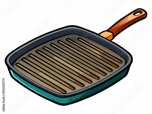 A vector illustration of a cast iron grill pan with deep ridges and a sturdy handle, isolated on a white background