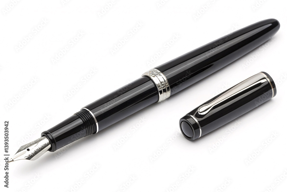 Silver and black fountain and ballpoint pens isolated on white background for writing and office use Silver and black fountain and ballpoint pens isolated on white background for writing and office use