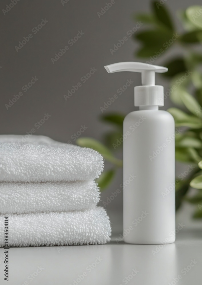 White Soap Dispenser and Soft Towels in Minimalist Bathroom Setting White Soap Dispenser and Soft Towels in Minimalist Bathroom Setting
