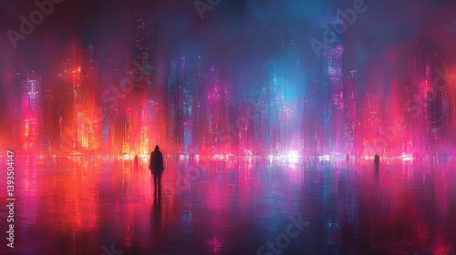 Figures amidst vibrant, surreal cityscape reflections on a wet surface