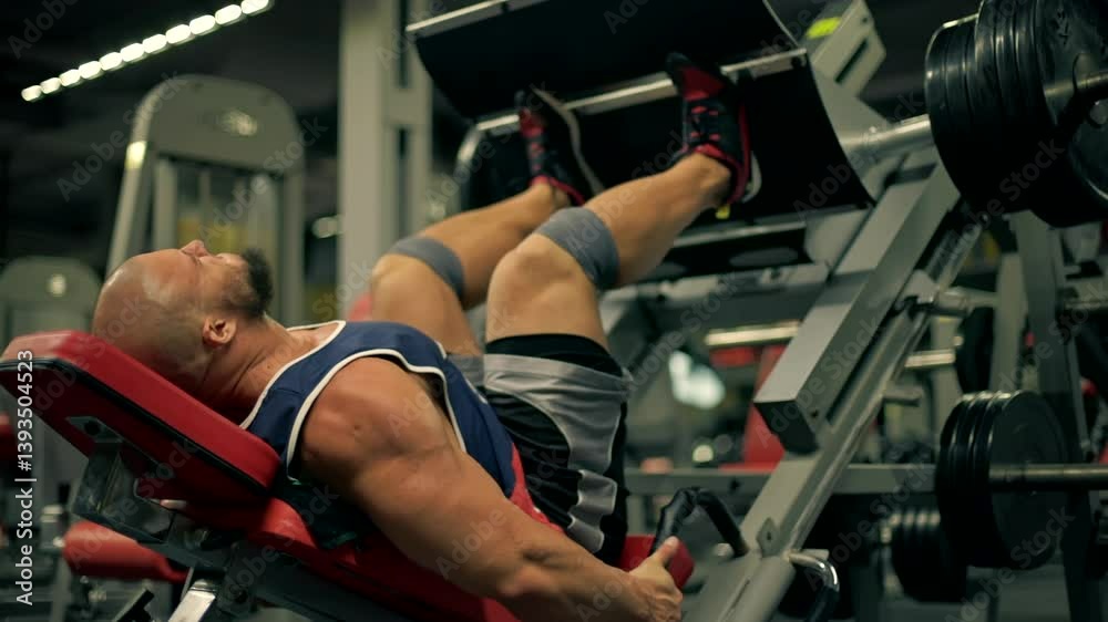 bald athletic man beard is engaged in leg exercises using weight machine in well equipped gym. He appears focused and determined during his midday workout.