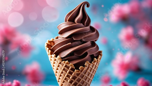 Soft serve chocolate cone with flowery background