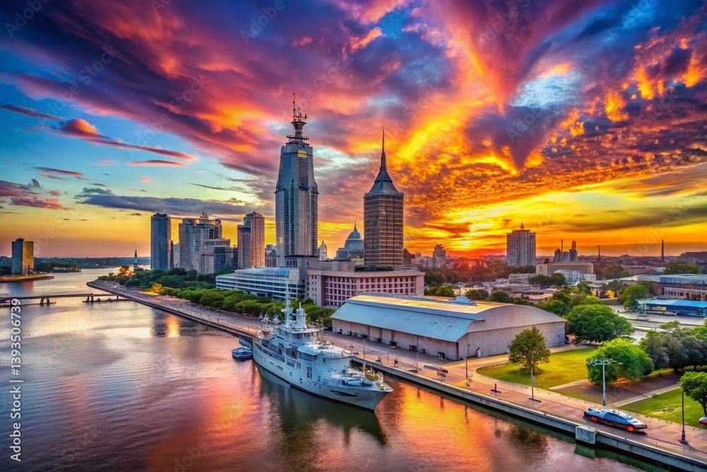 Fototapeta premium Panoramic Mobile Alabama Skyline View Featuring the USS Alabama Battleship A Majestic Coastal Perspective
