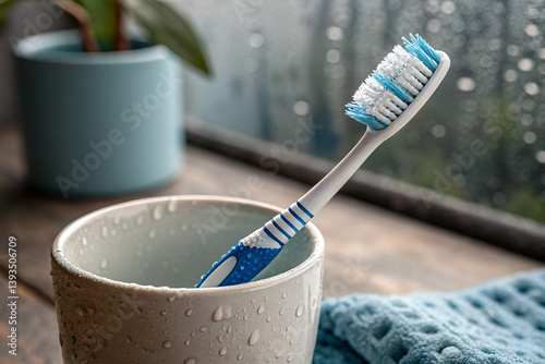 Toothbrush in Cup: A close-up shot of a toothbrush resting in a cup, with a light blue towel nearby, reflecting the morning routine. Captured in great detail and lighting photo