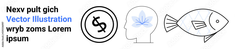 Dollar coin, human profile with leaf, geometric fish. Ideal for finance, mindfulness, sustainability, ecology, meditation economy and abstract ideas. Minimalist line design flat metaphor Dollar coin, human profile with leaf, geometric fish. Ideal for finance, mindfulness, sustainability, ecology, meditation economy and abstract ideas. Minimalist line design flat metaphor