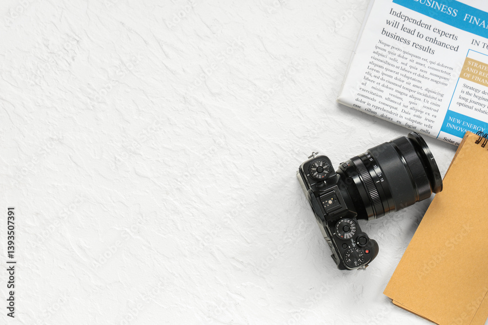 Fototapeta premium Professional photo camera, notebook and newspaper on light background