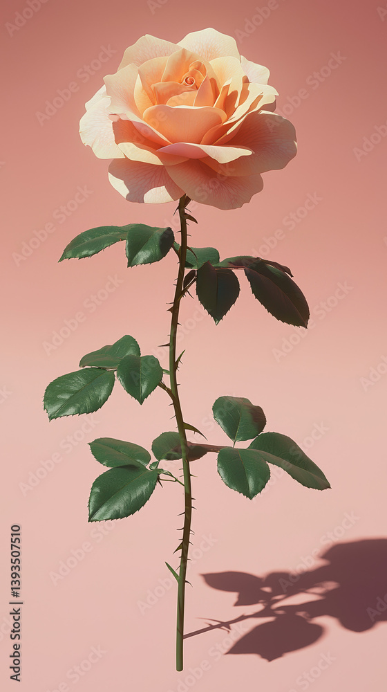 Fototapeta premium A single peach-colored rose stands tall against a soft pink background its stem adorned with thorns and vibrant green leaves casting a gentle shadow.