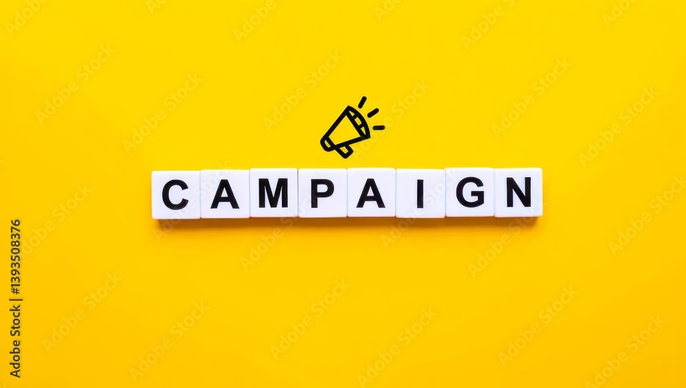 Fototapeta premium Campaign banner and conceptual image. Block letter tiles on bright orange background. Minimal aesthetics.