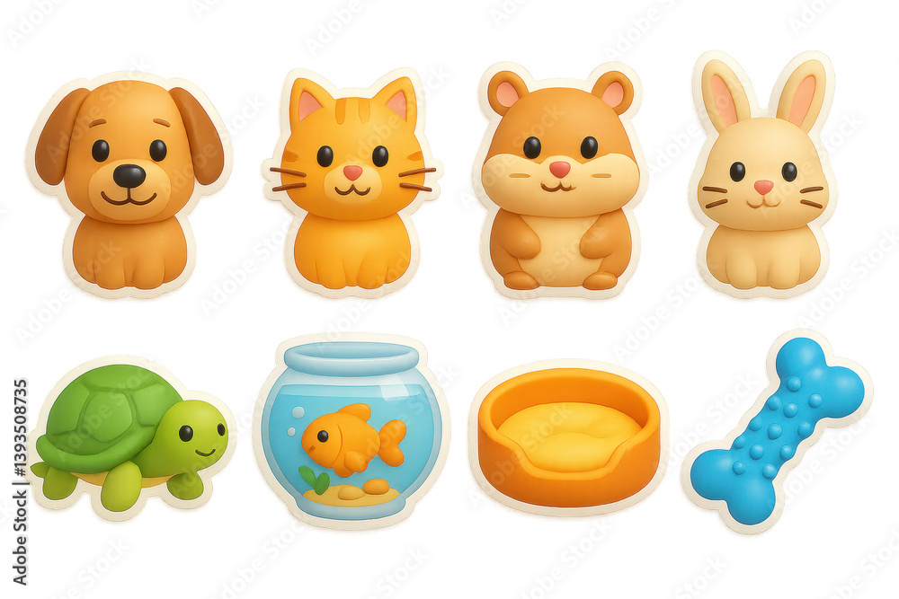 Naklejka premium 3d pet icons set featuring cute animals and accessories for design projects