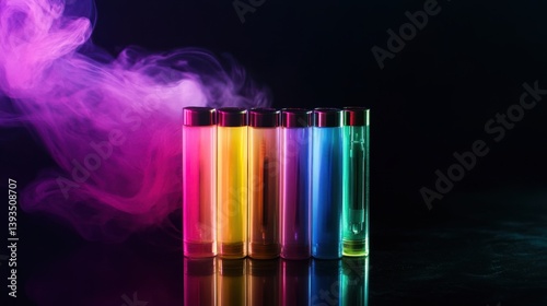 Rainbow disposable electronic cigarettes with smoke on dark background