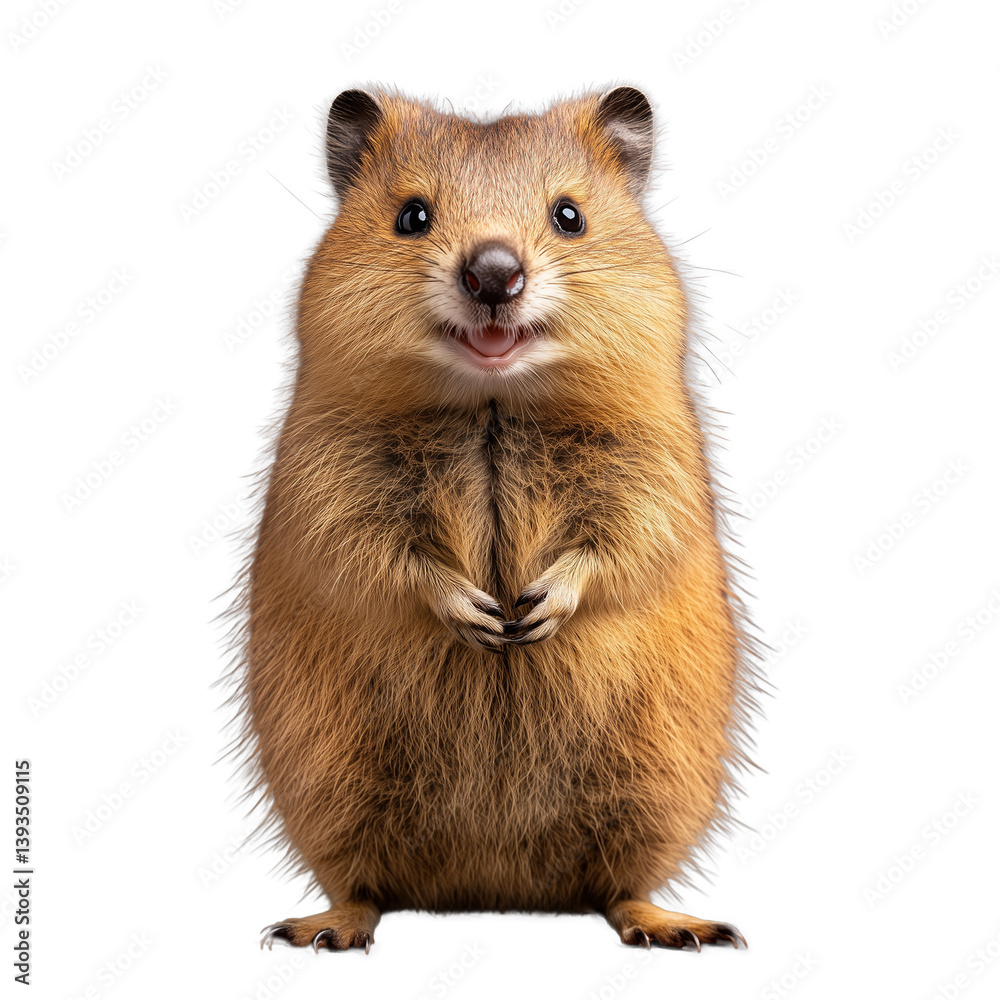 Quokka standing upright with a joyful expression on a transparent background
