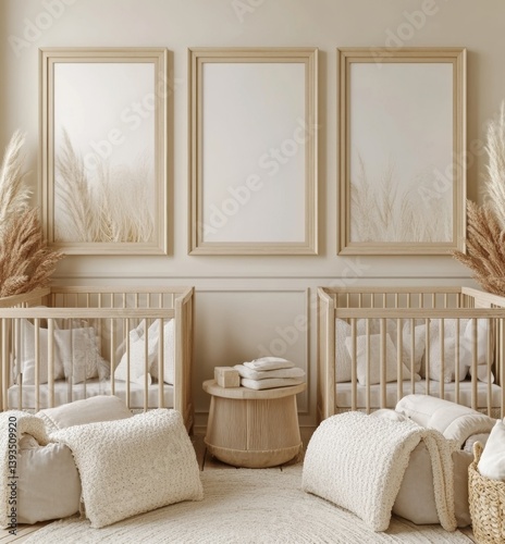 Cozy twin nursery with natural tones