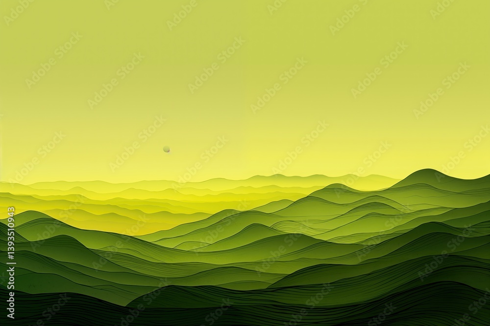 Obraz premium Minimal Green Hills Landscape with Gradient Sky and Flowing Lines