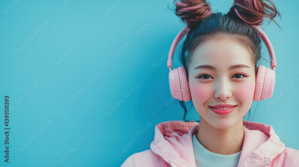 Harmony of Sounds and Smiles: A captivating young woman, adorned with pink headphones, radiates pure joy and a serene expression, against a refreshing backdrop of sky blue.