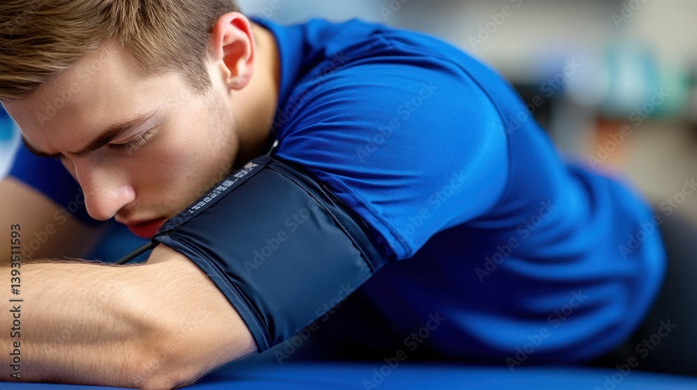 Man resting, blood pressure monitor Man resting, blood pressure monitor
