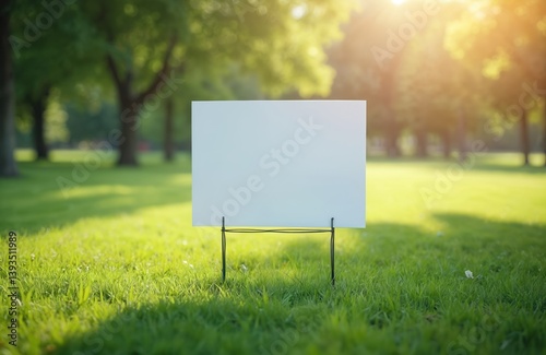 Blank yard sign mockup stands in green grass field. Empty signboard for advertising, promotions. White poster park, spring summer outdoor. Sunlight, nature background.