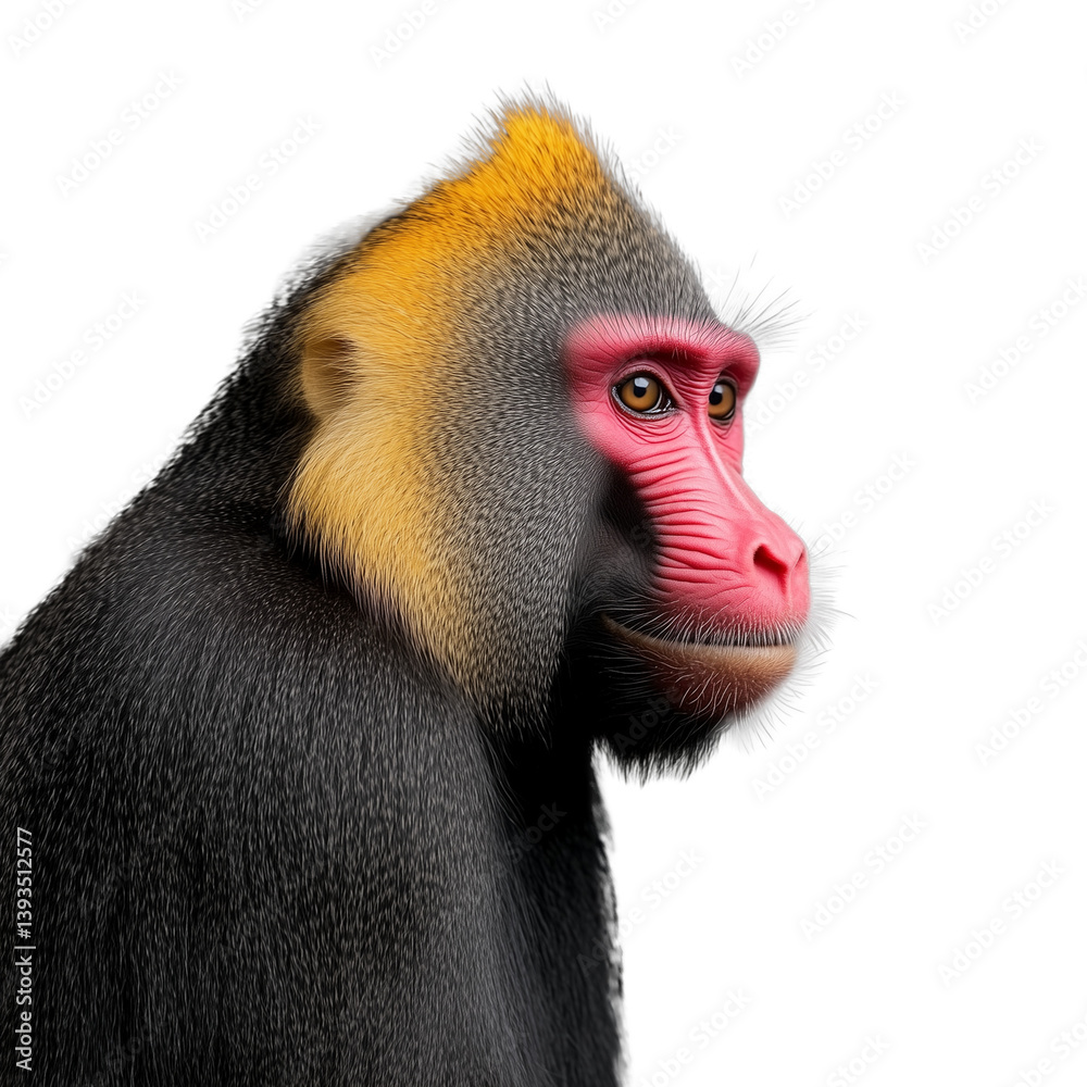 Side profile of a mandrill with its colorful face and fur, on a transparent background