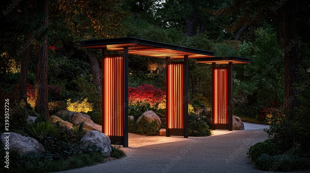 Illuminated walkway through serene, manicured garden with warm light at dusk Illuminated walkway through serene, manicured garden with warm light at dusk