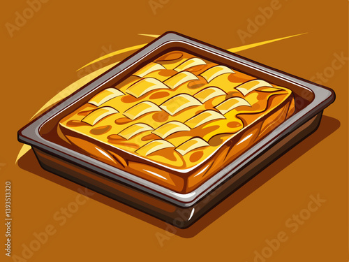 A professional vector of a rectangular baking sheet with a golden-brown pastry on top, placed on a solid brown background
